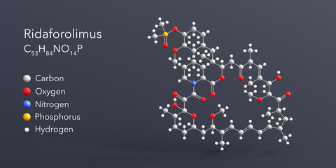 ridaforolimus molecule 3d rendering, flat molecular structure with chemical formula and atoms color coding