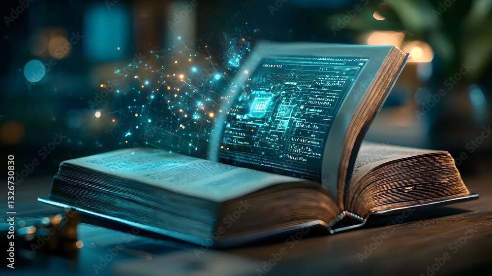 Poster an open book reveals a captivating glimpse into a high tech laboratory of the future featuring float