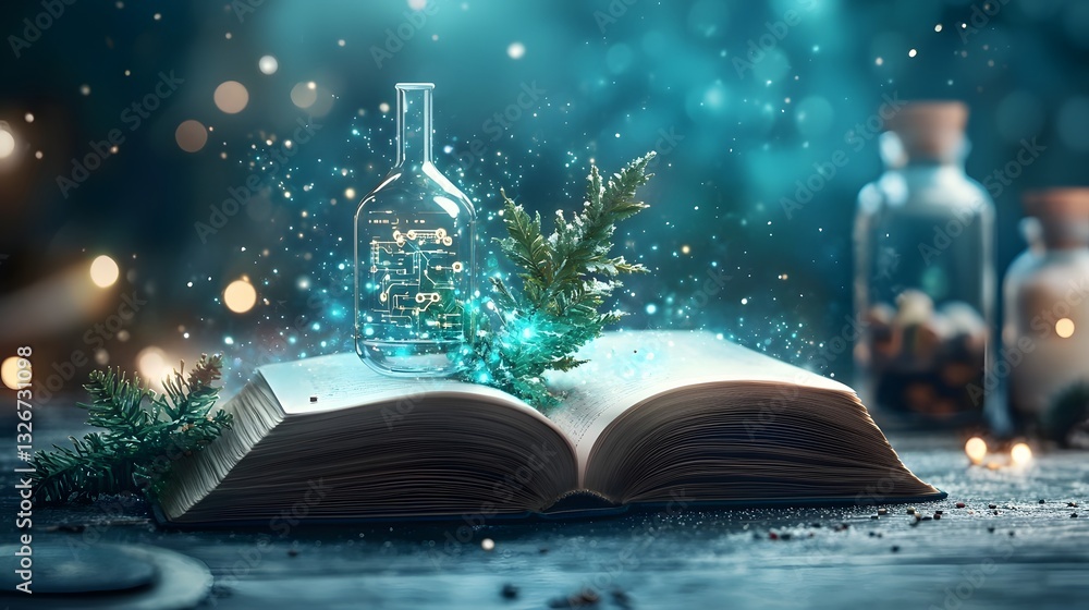 Poster An open book reveals a high tech laboratory with floating touchscreen interfaces AI systems and advanced futuristic devices showcasing the convergence of technology science and innovation