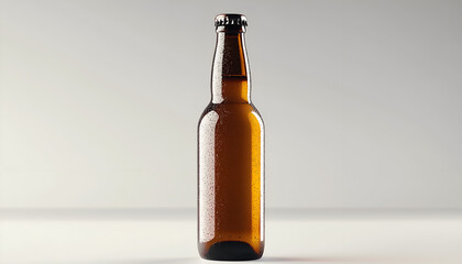 A brown glass bottle stands upright against a neutral background, glistening with condensation, suggesting a chilled beverage inside.
