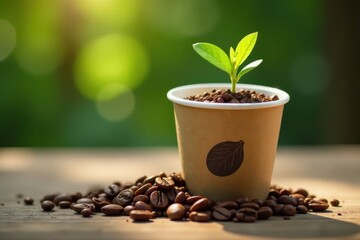 Fototapeta premium Biodegradable coffee cup with embedded seed pod, grow a tree, hot beverage