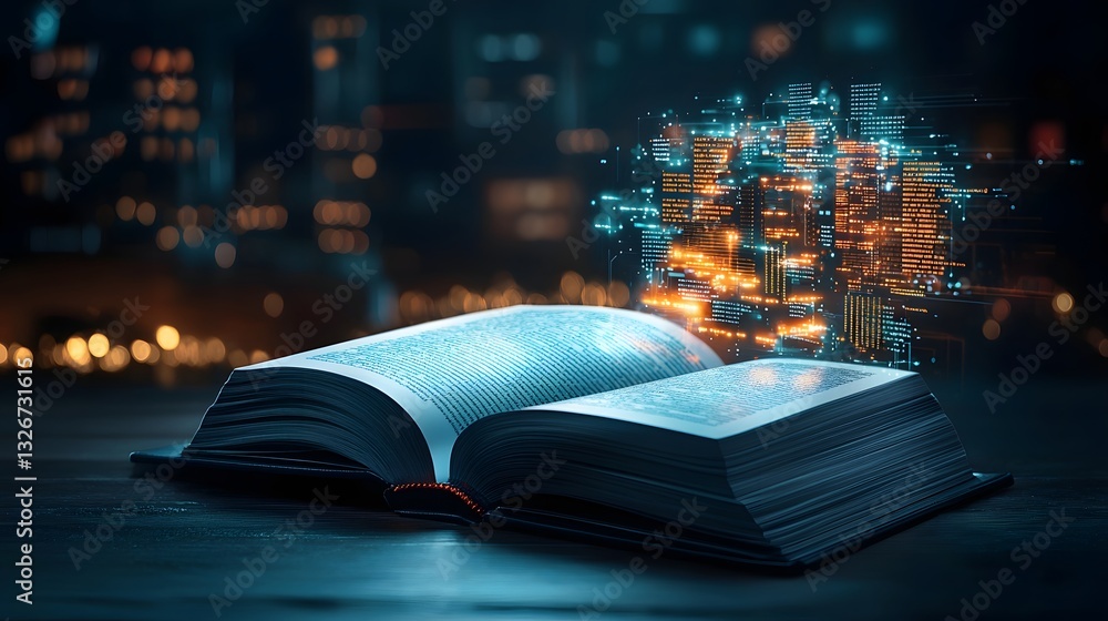 Poster photograph of an open book with a 3d holographic computer interface projecting futuristic programmin