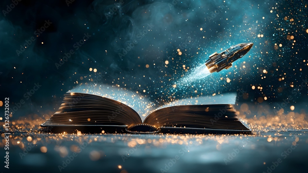 Poster conceptual image of a high tech spaceship emerging from the pages of an open book symbolizing the ad