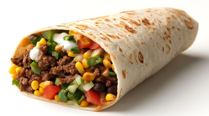 delicious beef burrito filled with seasoned ground beef, black beans, corn, diced tomatoes, jalapenos, fresh cilantro, and sour cream, wrapped soft flour tortilla with golden brown toasted surface