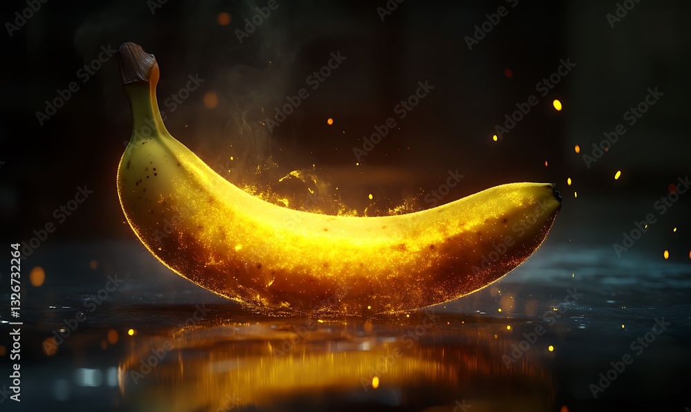 Poster a glowing banana with sparks of light resting on a surface