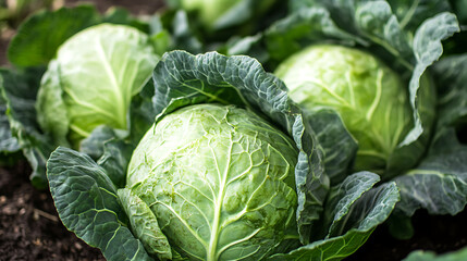 Fototapeta premium Fresh green cabbages growing in garden with rich soil, surrounded by large, healthy leaves. vibrant color and crisp texture highlight their natural freshness