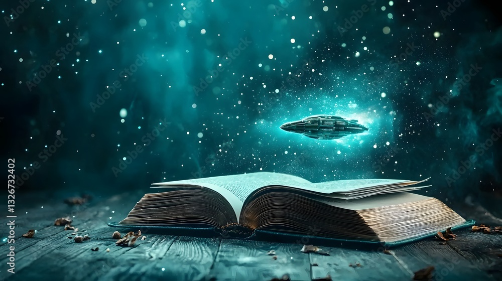 Poster futuristic spaceship emerging from an open book symbolizing technological advancements and innovatio