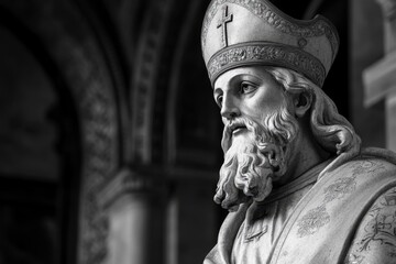 Religious leader statue in ornate robes and mitre, portrait, detailed stonework, stone face, vintage art