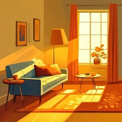 Fototapeta premium An interior room illuminated by strong sunlight and warm colors