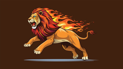 1950's style lion running fast with flame effect as a sign of its speed