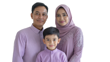 Happy Asian Muslim Family in Matching Outfits Together Posing for Ramadan Mubarak Photo, Png.Fictional Character Created By Generative AI
