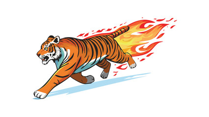 1950's style tiger running fast with flame effect as a sign of its speed