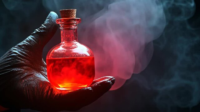 Gloved hand holding glowing red potion amidst mystical smoke and eerie light