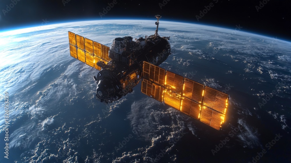 Poster a satellite orbits earth, showcasing its solar panels illuminated by sunlight. it plays a crucial ro