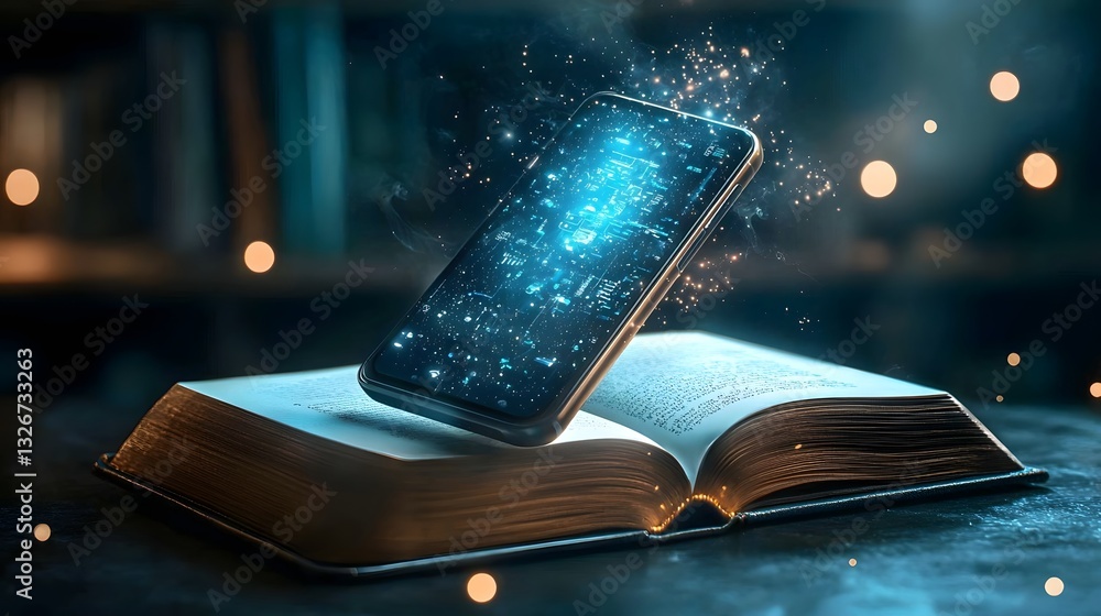 Poster a photograph showcasing a floating futuristic smartphone with transparent screens and advanced augme