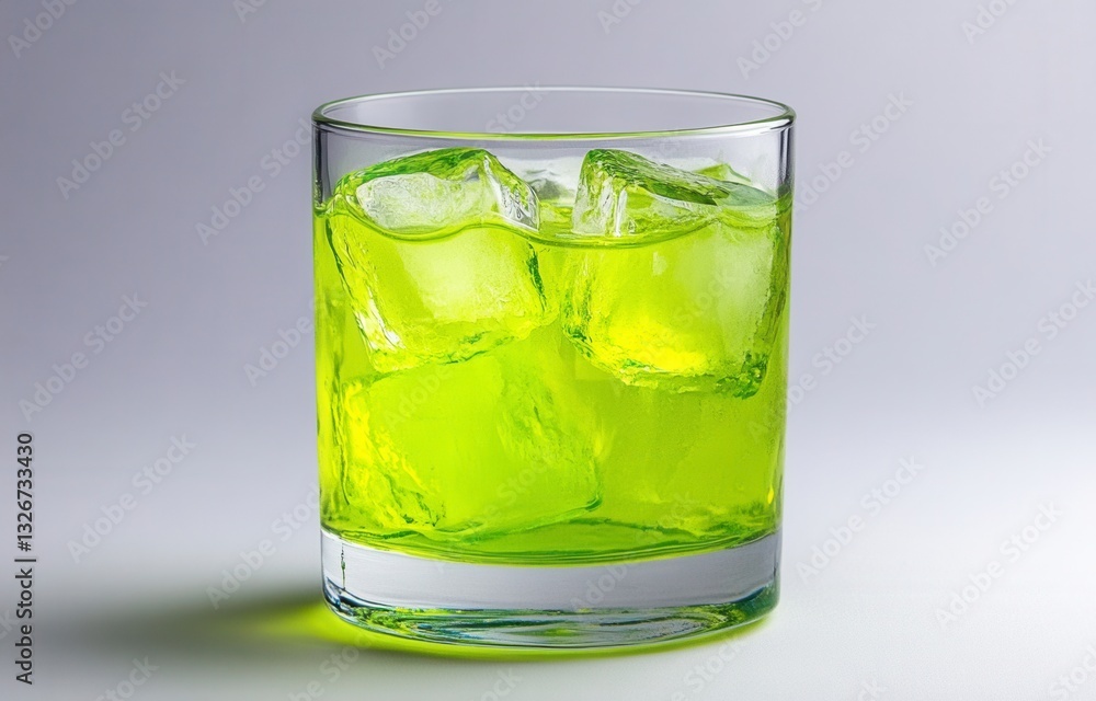 Aufkleber close up of a rocks glass filled with bright chartreuse liquid and ice cubes, set against a neutral 
