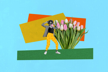 Composite collage trend artwork template design of woman day flower season tulip bloom botanical...