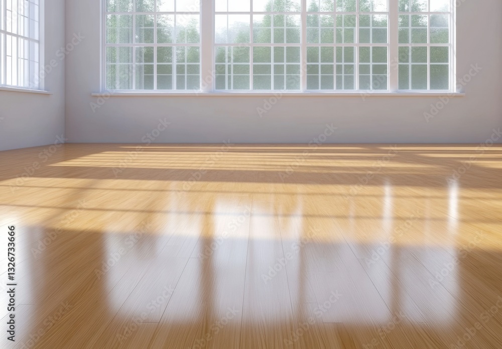 Poster sunlight streams through large windows illuminating a bright, empty room with gleaming hardwood floo