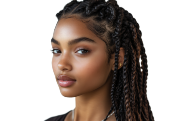 Young woman with braided hairstyle and clear skin