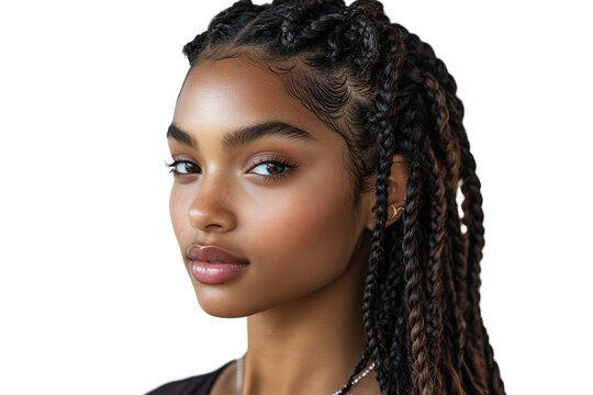 Young woman with braided hairstyle and clear skin