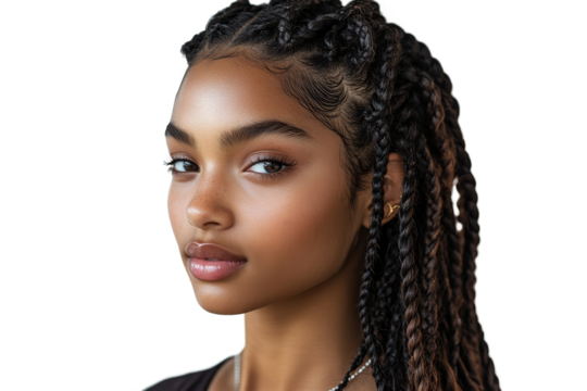 Young woman with braided hairstyle and clear skin
