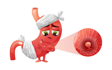 Polyps in stomach, cute cartoon character with stomach in pain. Sad stomach is wrapped in bandages. Vector illustration
