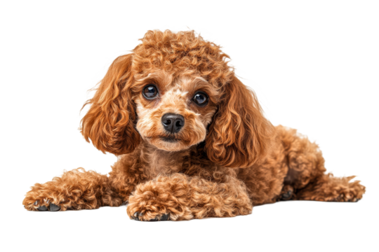 Cute brown poodle puppy resting on a soft surface