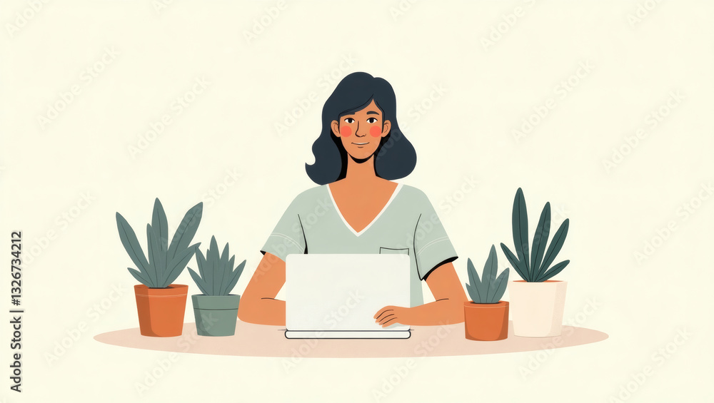 Poster a woman working on a laptop surrounded by potted plants, creating a serene and productive atmosphere