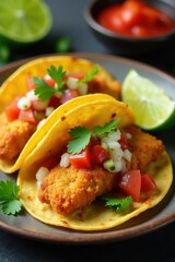 Crispy battered fish tacos with vibrant salsa, cilantro, lime , colorful, fresh, hot