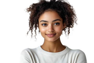 Smiling young woman with curly hair on transparent bg