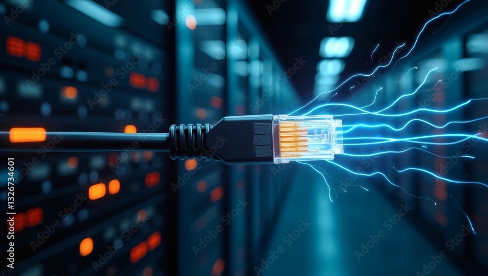 Poster network cable with data transfer effect in a server room setting, symbolizing connectivity and technology