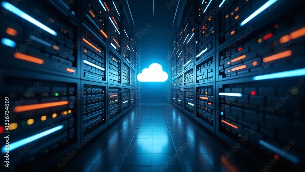 Poster a data center hallway with servers and a cloud symbol, showcasing digital storage and technology