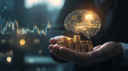holographic financial graph floating between a human and AI brain, symbolizing machine learning in business analytics