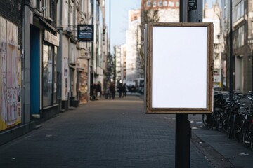Blank Poster Sign Mockup on Urban Street Lamp Post for Advertising and Promotion in Town with Pedestrians Walking