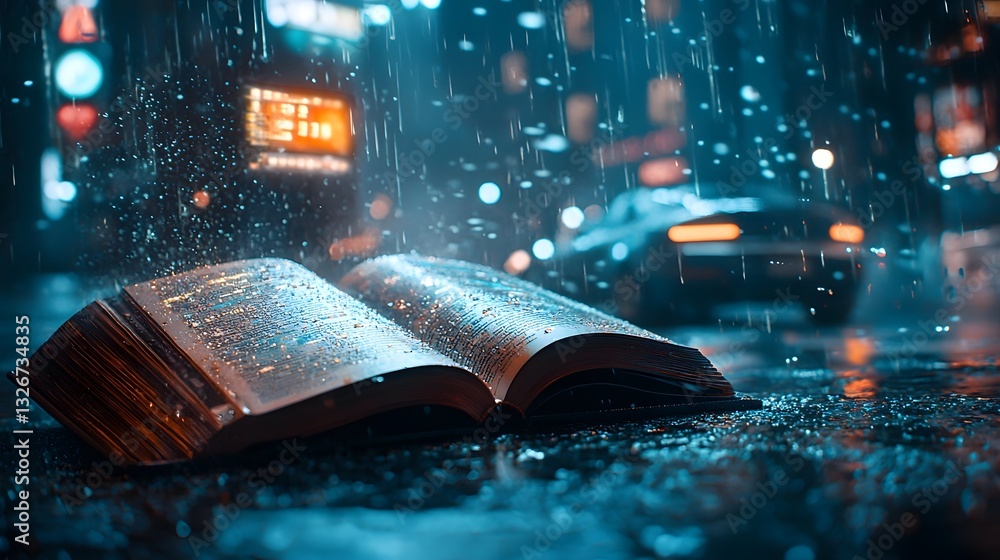 Poster a captivating scene depicting a high tech cyberpunk inspired cityscape emerging from the pages of an