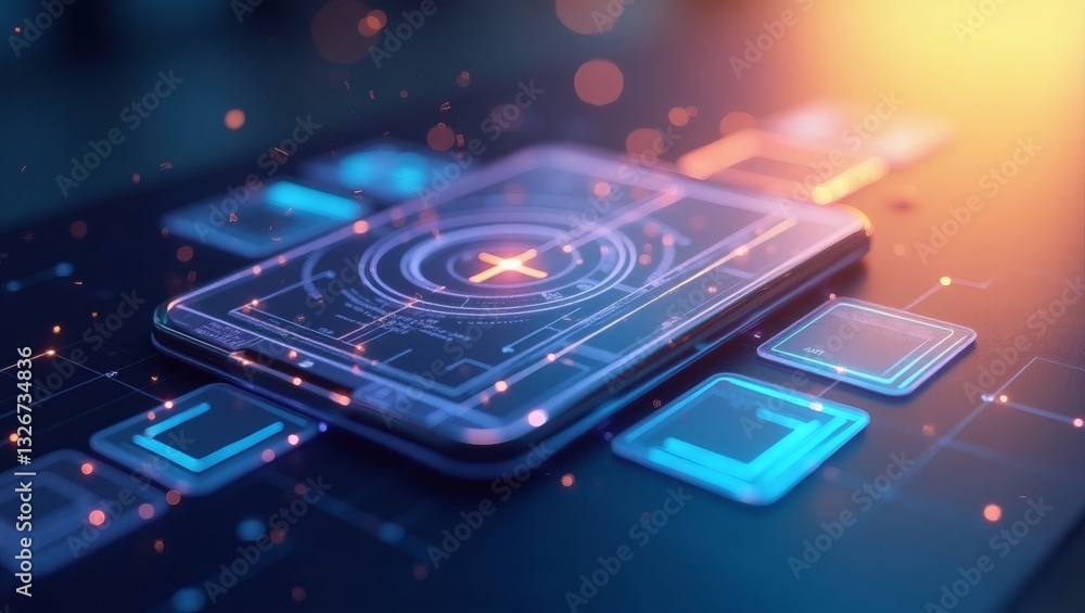 Poster a futuristic design of a smartphone with digital circuit and glowing lights 