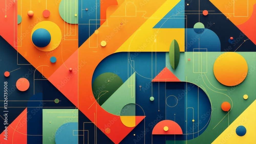 Poster geometric abstract background with bright colors and various shapes and lines