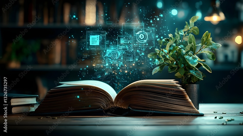 Poster photograph of an open book with floating blockchain symbols and digital security elements representi
