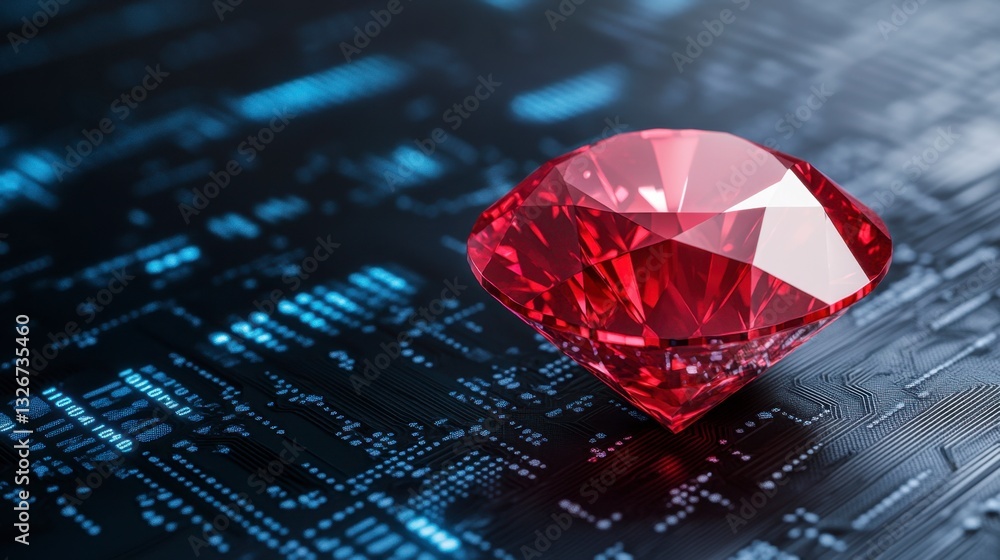 Poster a vibrant red gemstone rests on a dark technological circuit board, creating a striking contrast bet