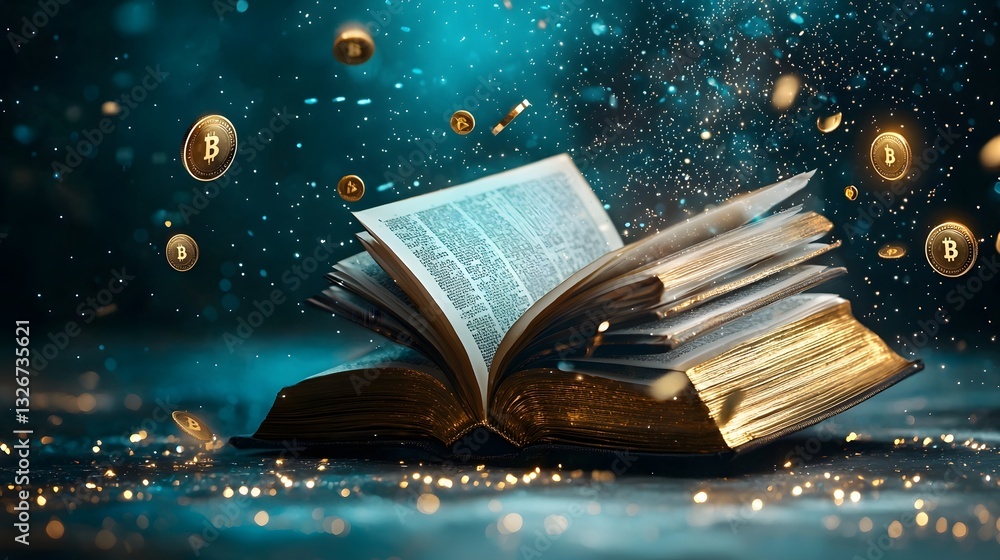 Poster open book with floating blockchain symbols and digital security elements representing the future of 
