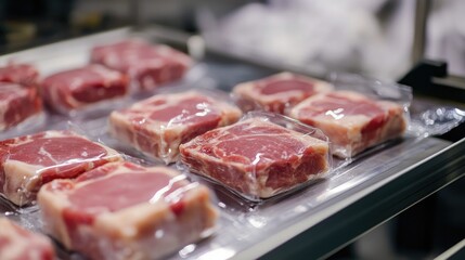 Fresh meat being vacuum-packed on an automated sealing conveyor in a factory