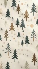 A repeating pattern of stylized Christmas trees in various shades of green and brown, scattered across the backdrop with snowflakes