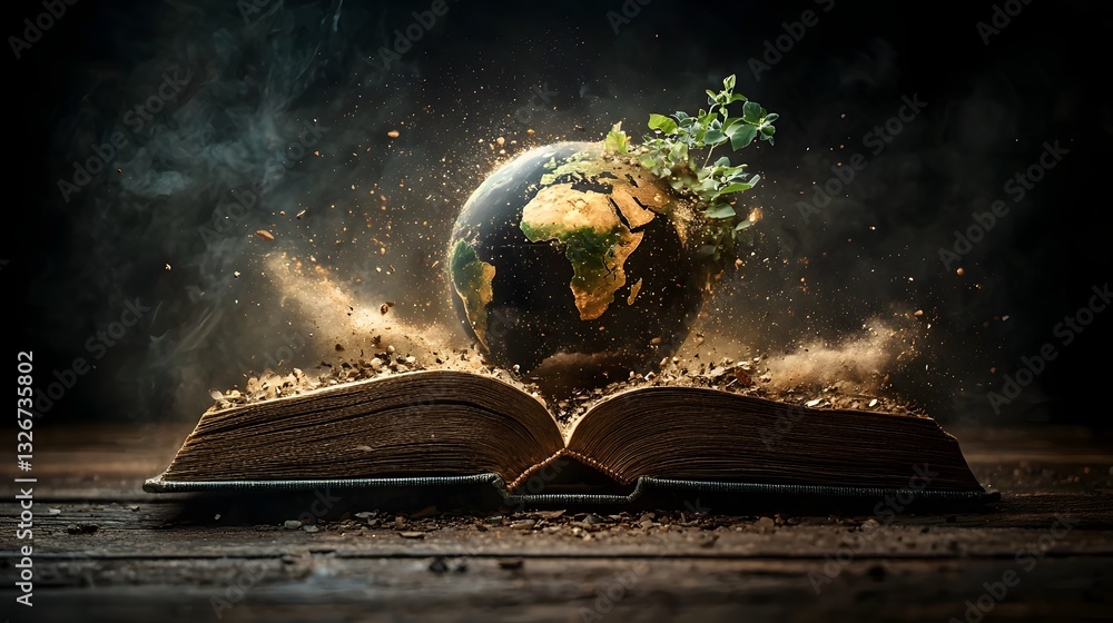 Poster holographic 3d globe emerging from the pages of an open book displaying continents oceans and atmosp