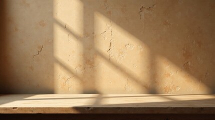 Sunlit Wooden Shelf Against a Textured Wall with Light and Shadow Play