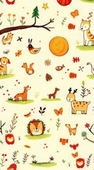 Fototapeta premium a cute illustration of various adorable animals, and nature elements in a seamless pattern