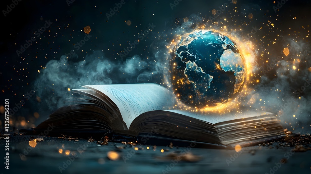 Poster digital of an open book with a holographic 3d globe projection displaying continents oceans and atmo