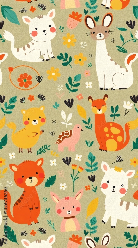Poster various cartoon animals are set in a seamless pattern on a light green background