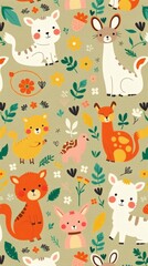 various cartoon animals are set in a seamless pattern on a light green background