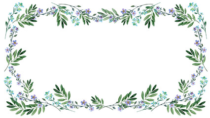 Watercolor frame with red flower, pansies and green meadow plants