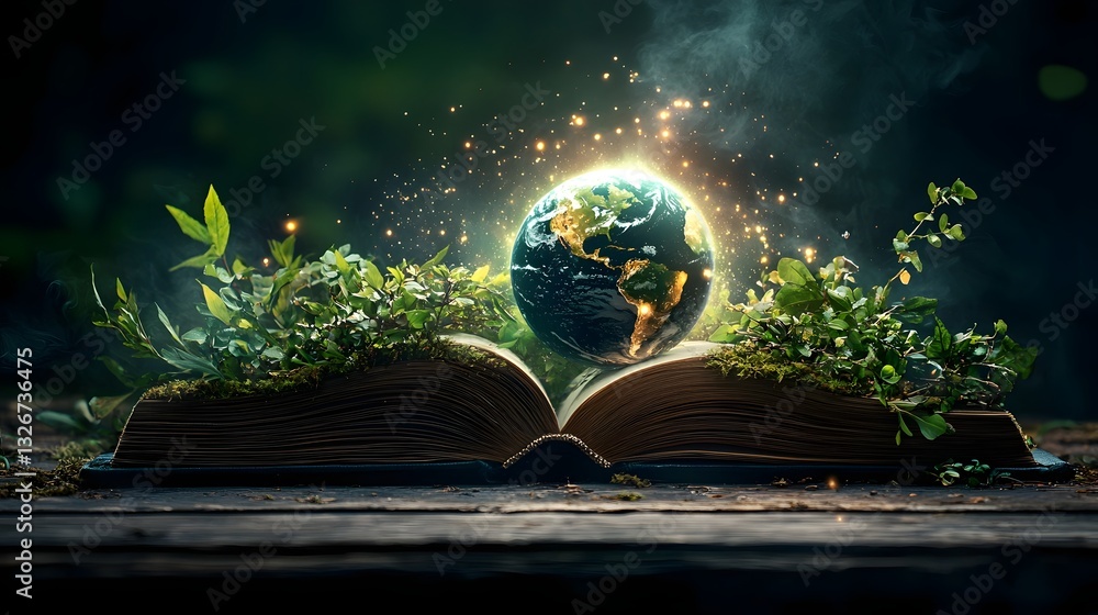 Poster a captivating photograph depicting an open book where a stunning 3d holographic globe emerges displa